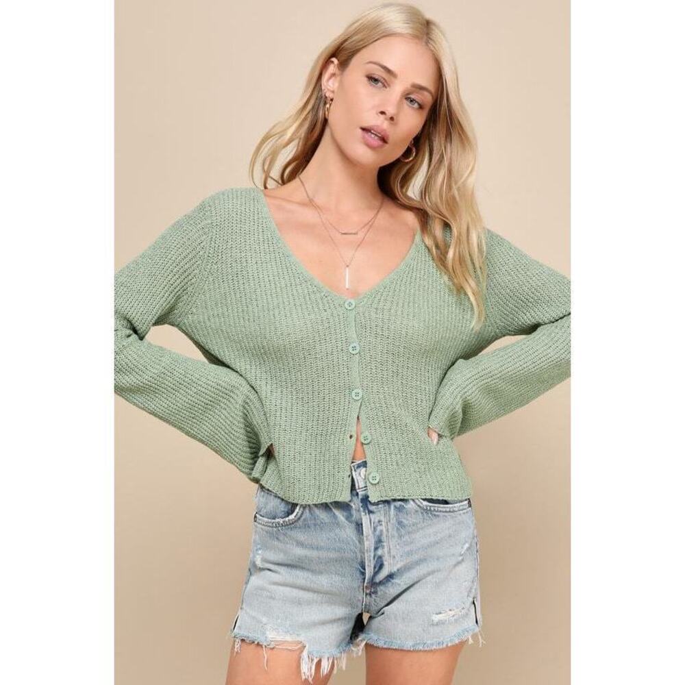 Lulus Springtime Sweetie Sage Green Loose Knit Cardigan Sweater - Size L